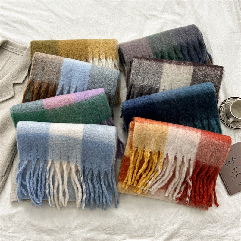 Autumn and winter new style mohair plaid scarf for women Dongdaemun fashion versatile extended tassel shawl scarf