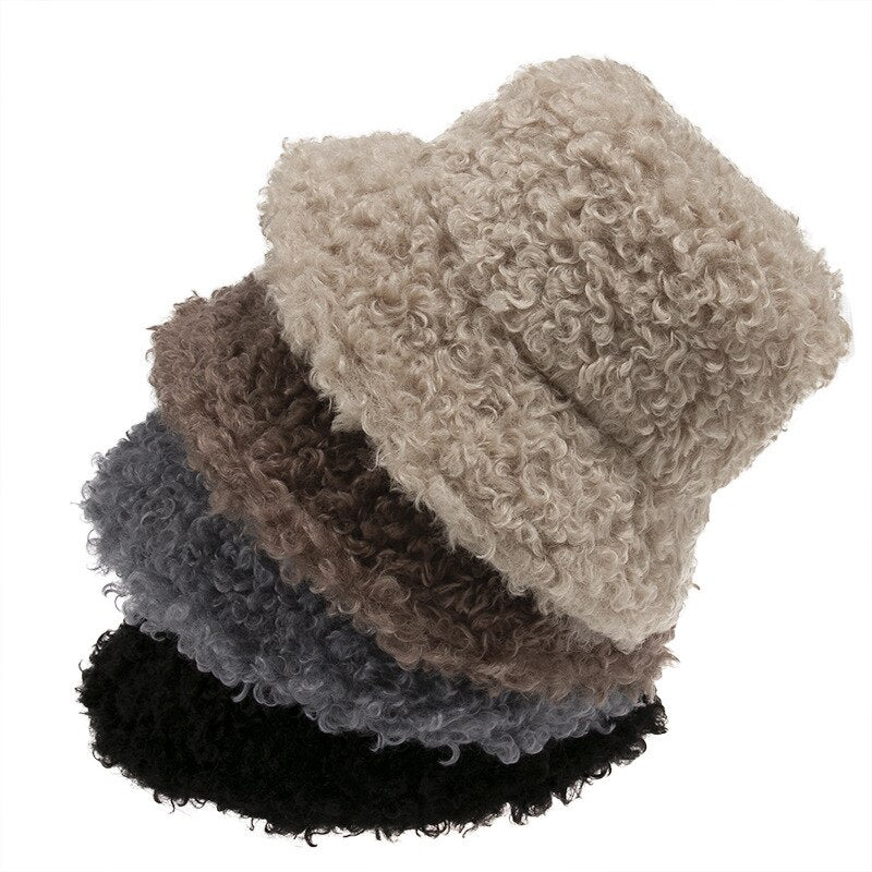 Women Winter Solid Lamb Faux Fur Bucket Hat Outdoor Warm Fluffy Fishing Bob Fisherman Foldable Panama Casual Soft Hat Gorros