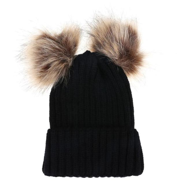 Parent-child Caps Cute Infant Baby Pompon Winter Hat Double Fur Ball Hat Mother Kids Warm Knitted Hat Newborn Beanie Cap