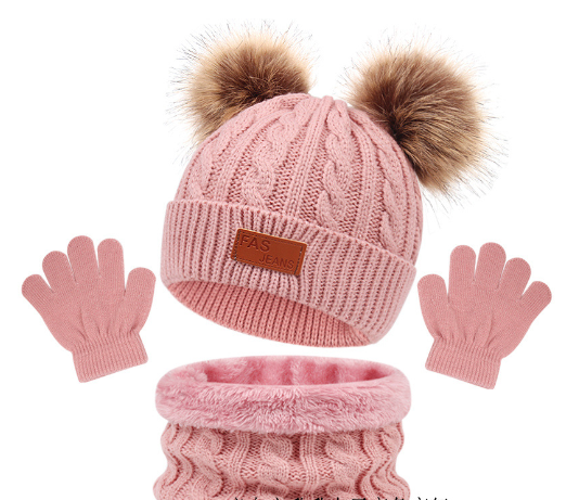 New Children's Hat, Scarf, Glove, Three Piece Set, Autumn and Winter New Warm Double Ball Baby Hat