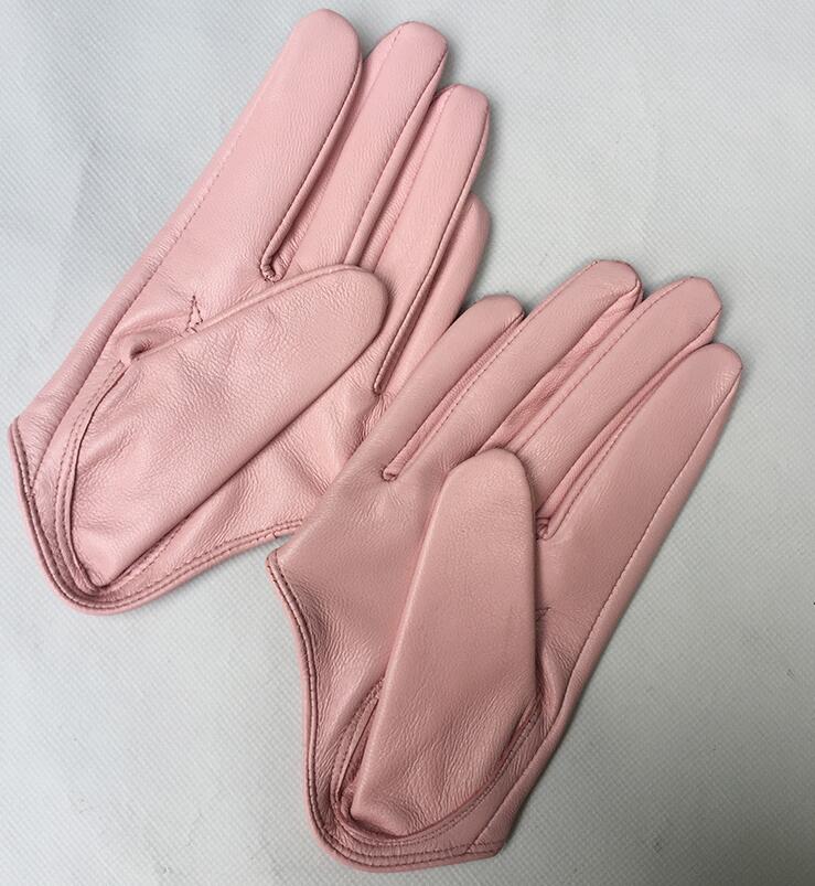 Damenhandschuhe aus natürlichem Schaffellleder in fester rosa Farbe mit halber Handfläche, weibliches echtes Leder, modischer kurzer Autofahrerhandschuh