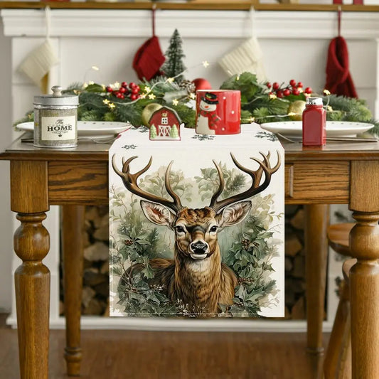 Reindeer Elk Table Runner Christmas Snowflake Polyester Tablecloth Kitchen Counter Dining Room Mat Party Holiday Decorations