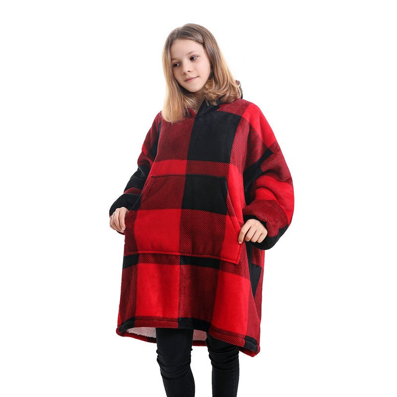 SnugletKids: Unisex winter warm double-layered Sherpa fleece hoodie blanket with TV pocket, perfect for snuggling with sleeves.