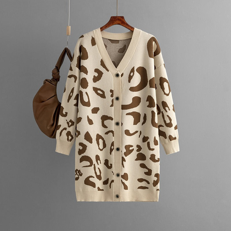 LeopardEase: Autumn leopard knitted women cardigan with long sleeves, V-neck, buttons, and a loose sweater coat for a trendy and comfortable look.