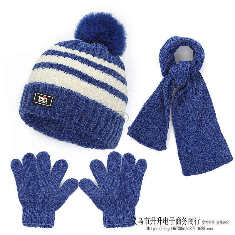 Children's hat, scarf, glove, three piece set, autumn and winter chenille plush insulation and thick knitted hat set