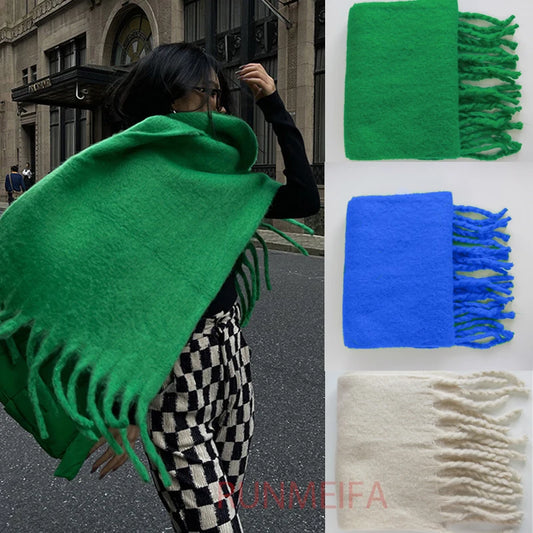 2022 Luxury Cashmere Bright Green Women Solid Scarf Winter Shawl and Wrap Bandana Pashmina Tassel Female Foulard Thick Blanket