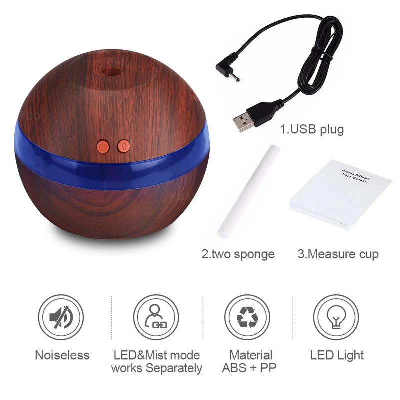 KBAYBO USB-Ultraschall-Luftbefeuchter, 290 ml, Aroma-Diffusor, Diffusor für ätherische Öle, Aromatherapie-Nebelhersteller mit LED-Licht, Holzmaserung