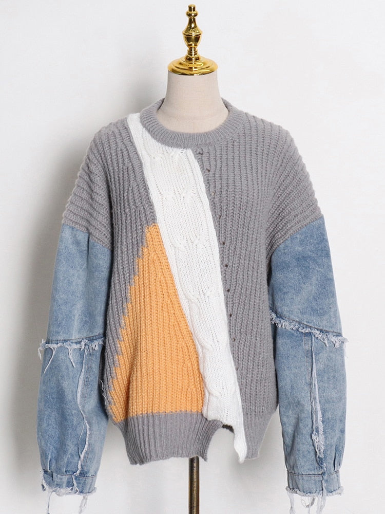 Straight Patchwork Colorblock Sweater For Women Round Neck Long Sleeve Knitting Pullover Female Fashion Clothes