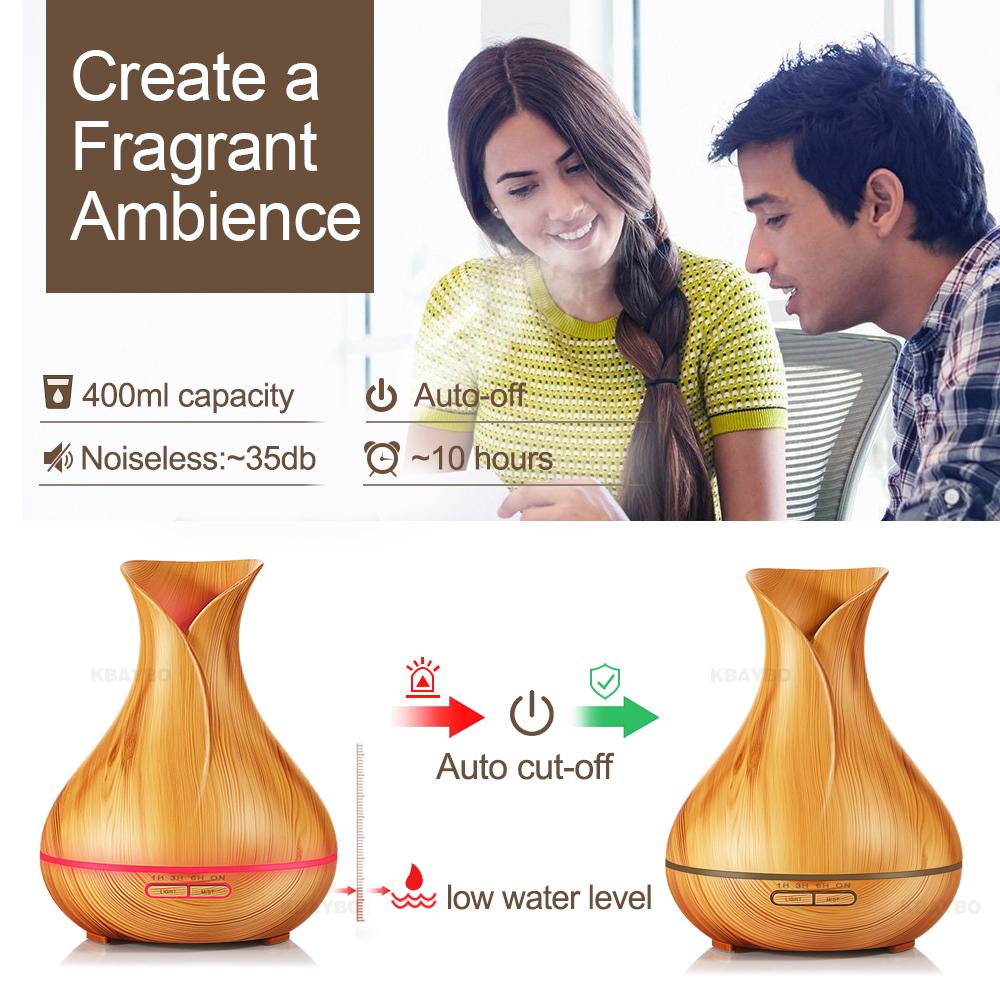 KBAYBO 400ml Aroma Essential Oil Diffuser Ultrasonic Air Humidifier with Wood Grain electric LED Lights aroma diffuser for home