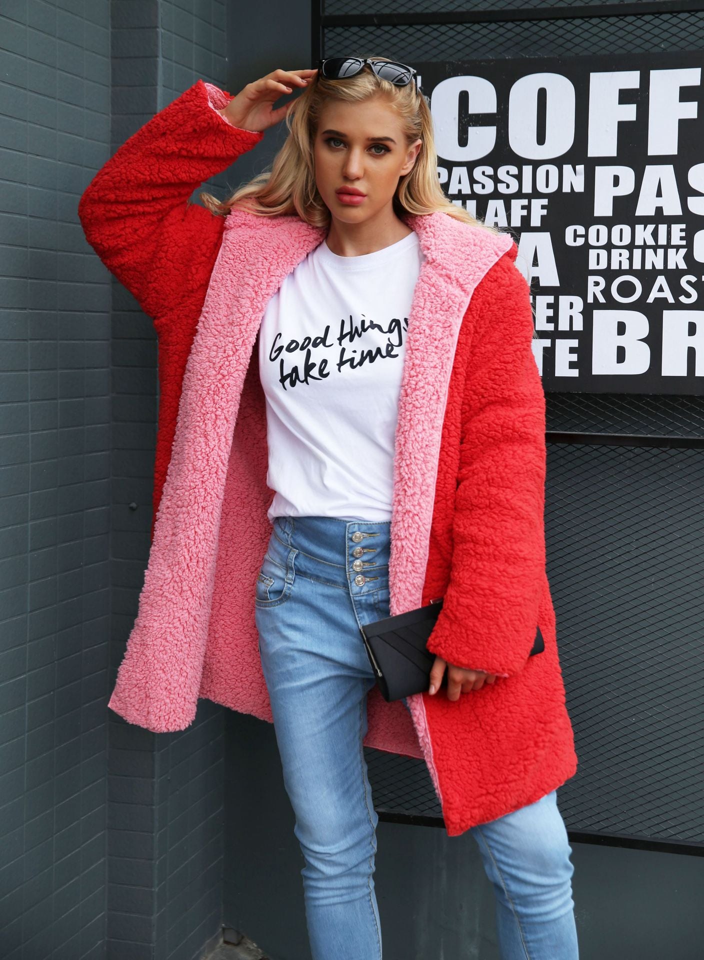 PinkPuff: Hooded teddy jacket, a pink fur coat for women. Plus-size lambswool long winter coat with hairy faux fur, offering a cozy and stylish overcoat option.