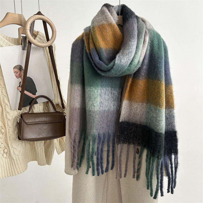 Autumn and winter new style mohair plaid scarf for women Dongdaemun fashion versatile extended tassel shawl scarf