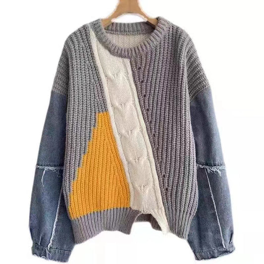 Straight Patchwork Colorblock Sweater For Women Round Neck Long Sleeve Knitting Pullover Female Fashion Clothes