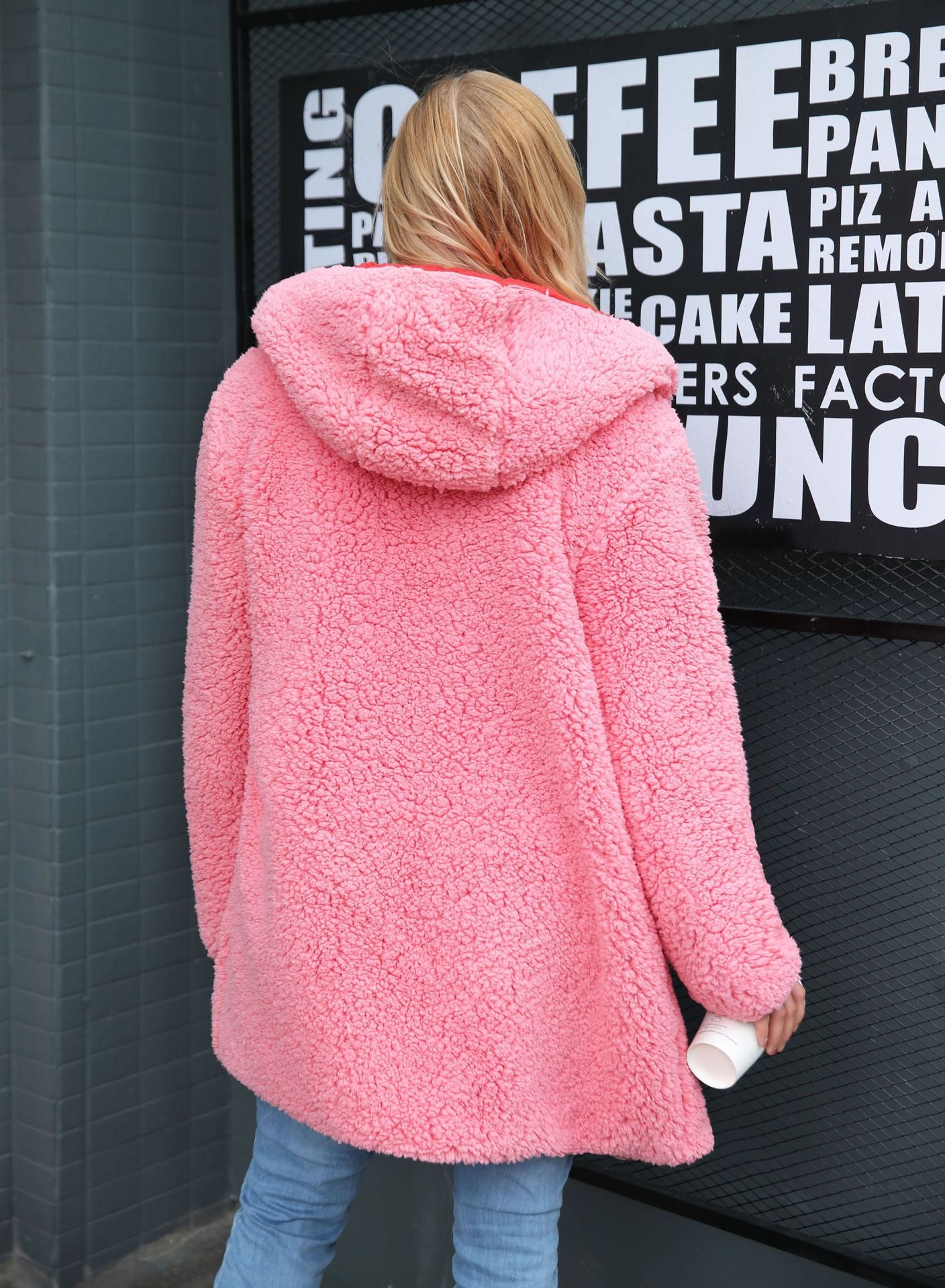 PinkPuff: Hooded teddy jacket, a pink fur coat for women. Plus-size lambswool long winter coat with hairy faux fur, offering a cozy and stylish overcoat option.