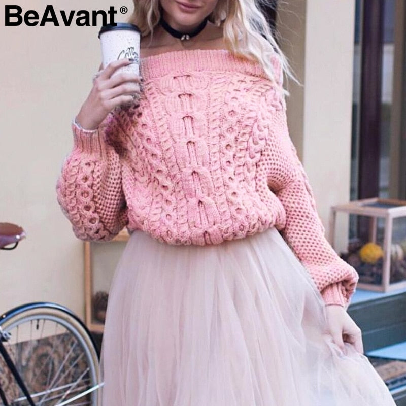 Twist knitted off shoulder women sweater Batwing sleeve blue winter sweater pullover Loose casual knit jumper female