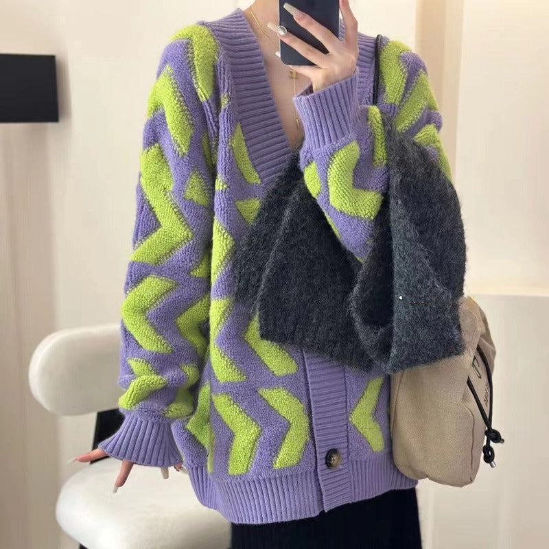 New autumn and winter new loose large version lazy style sweater for women Korean style retro striped color block knitted cardigan