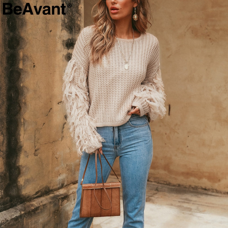 Tassel knitted sweater women pullover loose Casual army green winter sweater female O neck  autumn jumper pull femme