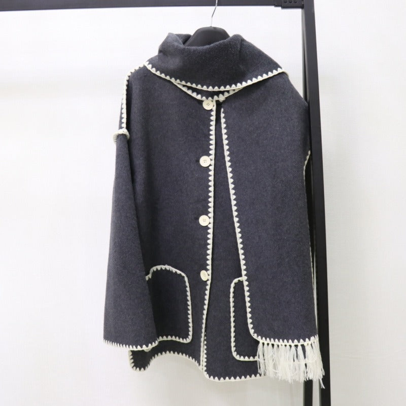 Embroidered Tassel Woven Scarf Knitted Loose Woolen Coat Women