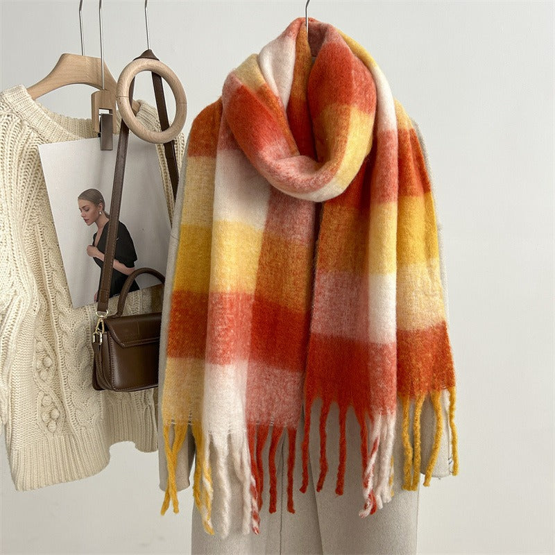 Autumn and winter new style mohair plaid scarf for women Dongdaemun fashion versatile extended tassel shawl scarf