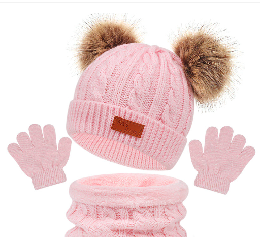 New Children's Hat, Scarf, Glove, Three Piece Set, Autumn and Winter New Warm Double Ball Baby Hat