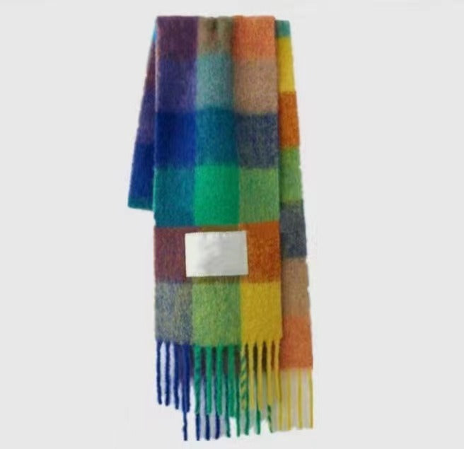 Men's and Women's Autumn and Winter Fashion Warm Rainbow Plaid Shawl Versatile Tassel Scarf