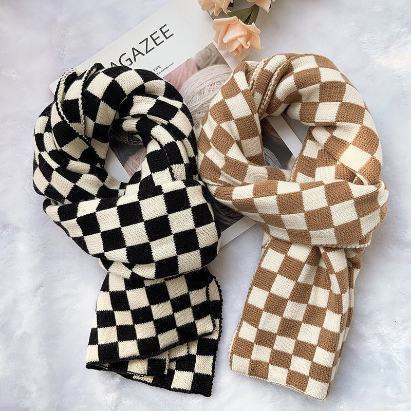 Checkerboard plaid knitted scarf for women autumn and winter black and white plaid scarf