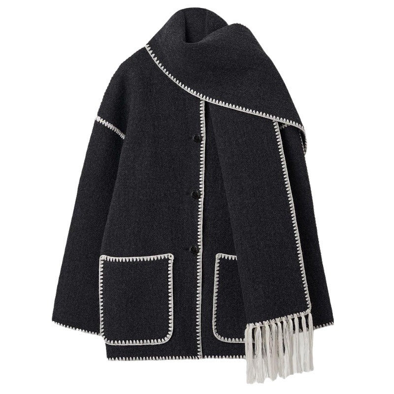 Elegant Warmth: Grace's loose, single-breasted coat with scarf, perfect streetwear.