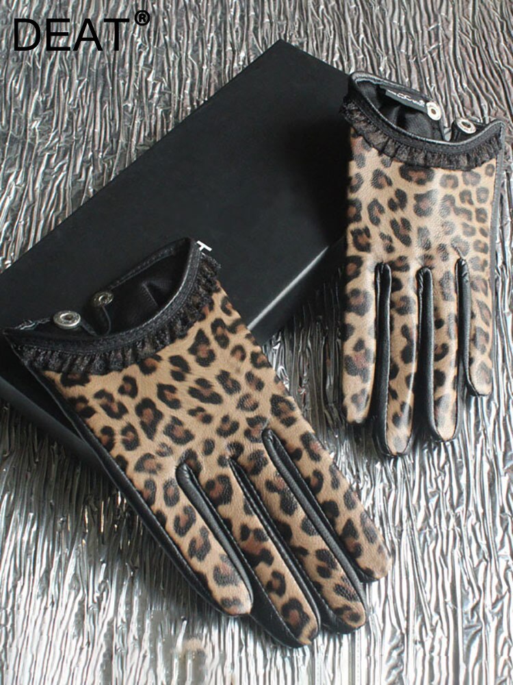 Mode Damen Kurze Lederhandschuhe Spitzenrand Leopard Schaffell Handschuhe Kleidung Zubehör Herbst Neu 