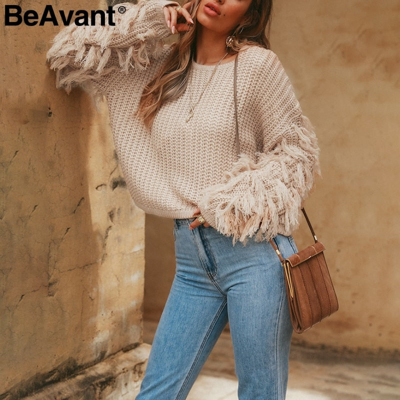 Tassel knitted sweater women pullover loose Casual army green winter sweater female O neck  autumn jumper pull femme