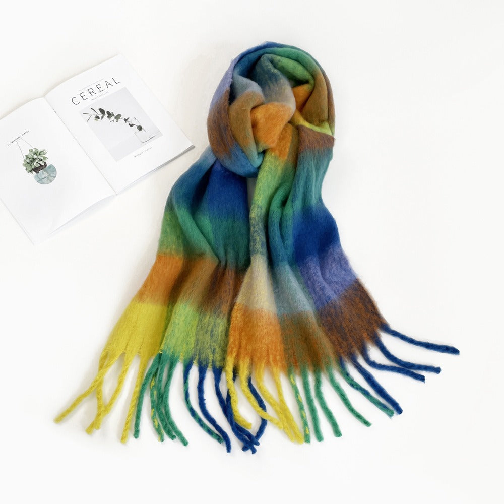 Colorful plaid scarf women's winter warm scarf mohair thickened long scarf