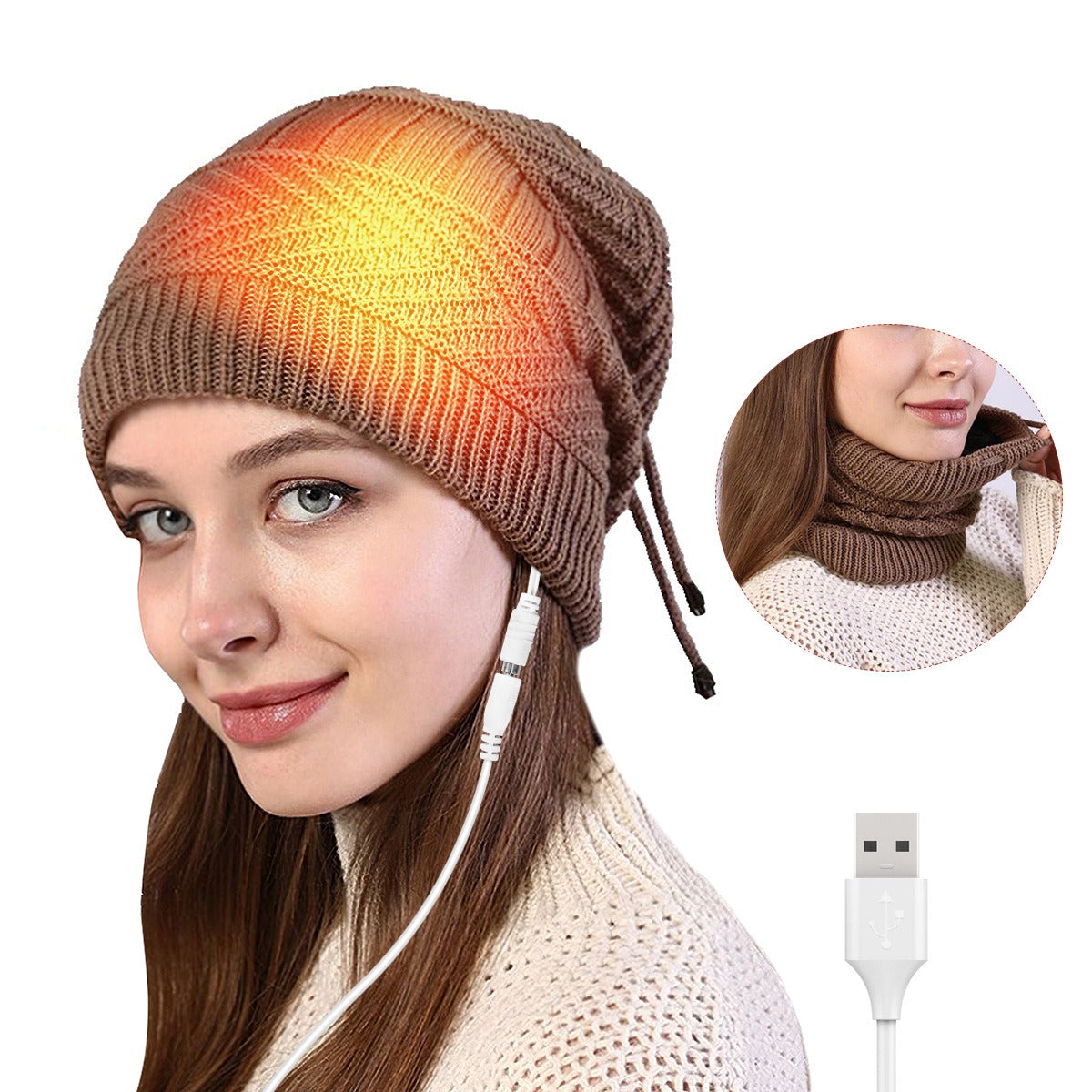 USB Electric Heating Warm Heating Hat Outdoor Knitted Hat Bib Two Autumn And Winter Heating Hat Bib