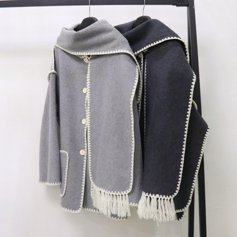 Embroidered Tassel Woven Scarf Knitted Loose Woolen Coat Women