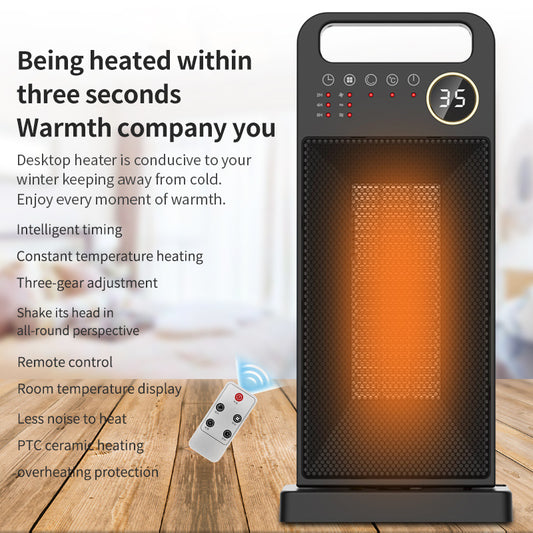 TouchHeat Pro: PTC remote control electric heater with touch screen, vertical design, and 120-degree shaking head.