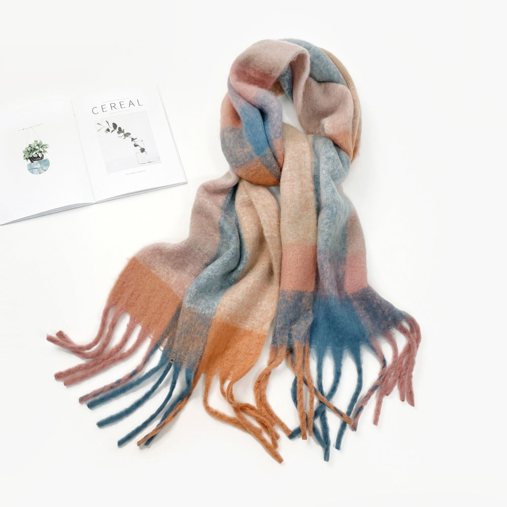 Colorful plaid scarf women's winter warm scarf mohair thickened long scarf