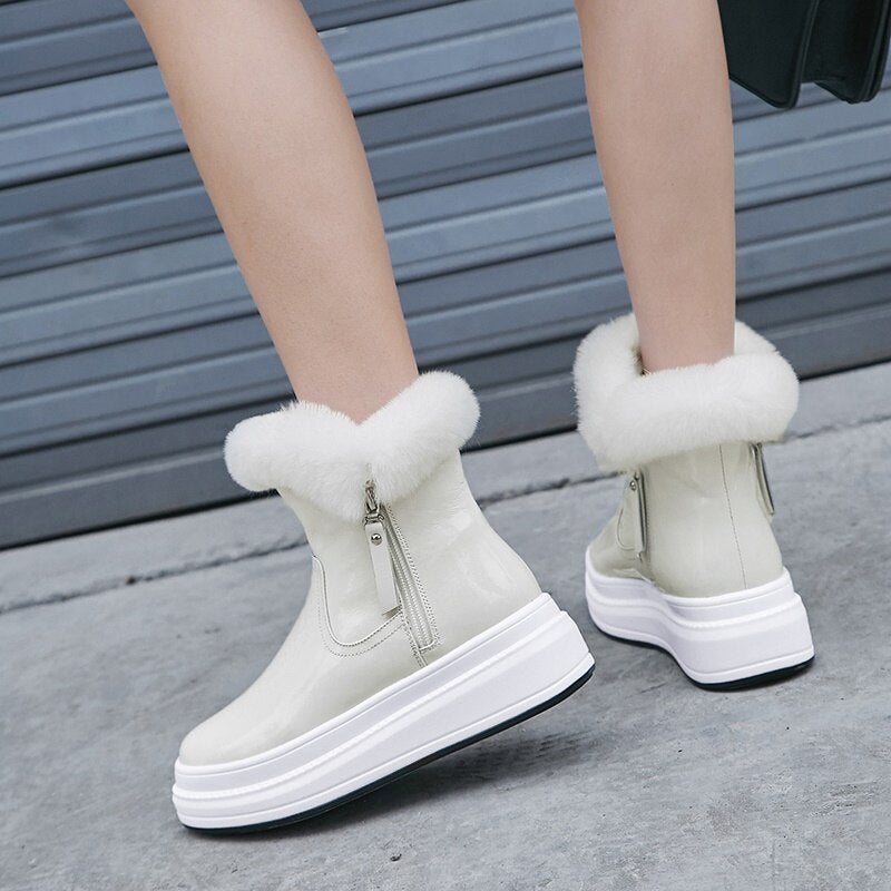 Warm and Thickened Rabbit Hair Snow Boots Women's Winter New Thick Bottom Muffin Short Boots with Leather Plush Large Cotton Boots