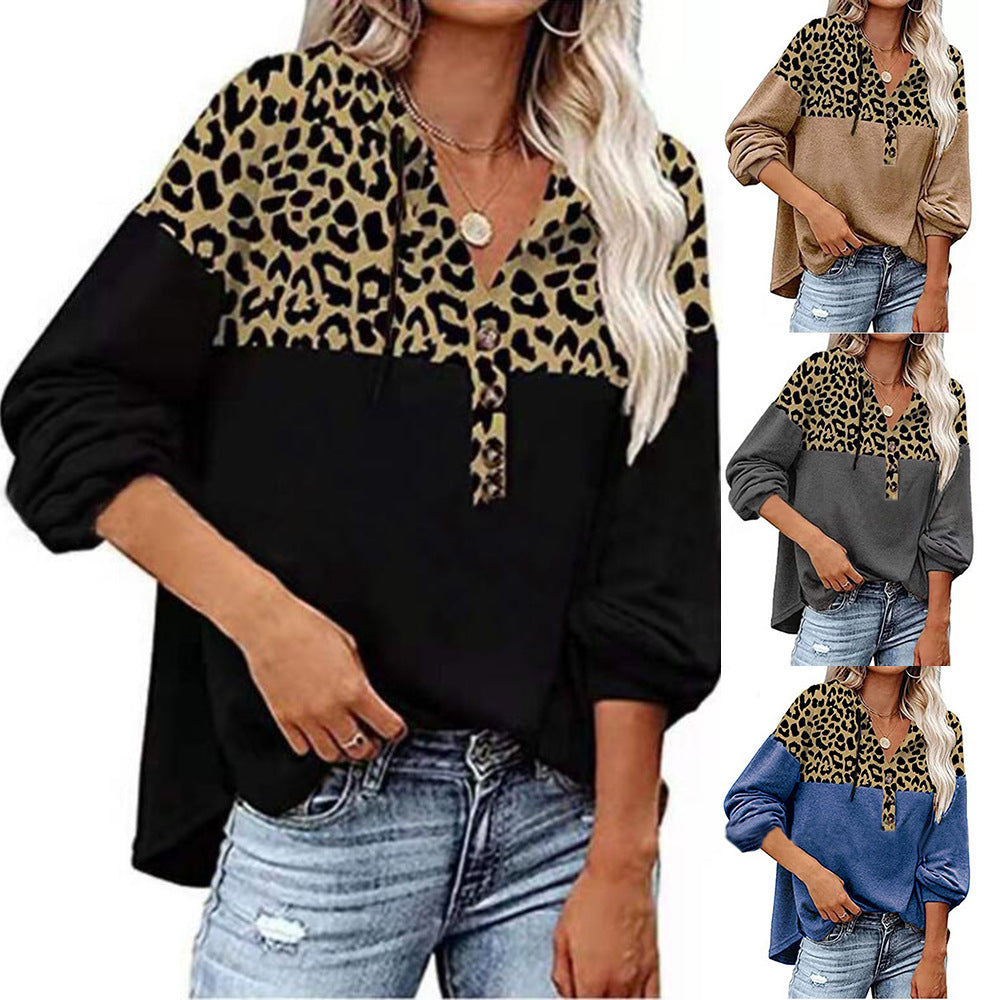 LeopardLuxe: Women's autumn-winter hoodie with leopard print patchwork, featuring a loose and casual long sleeve for chic comfort.