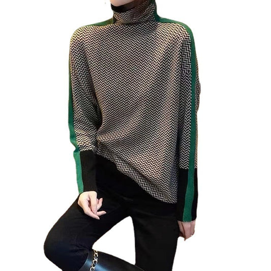 High-neck spliced striped lazy style sweater for women, loose and stylish pullover bottoming sweater for spring and autumn