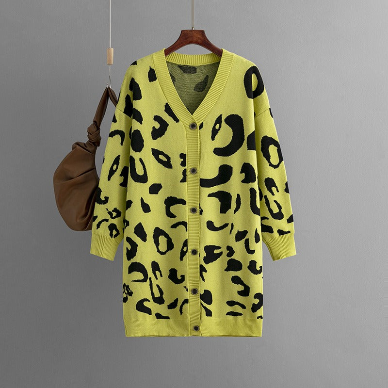 LeopardEase: Autumn leopard knitted women cardigan with long sleeves, V-neck, buttons, and a loose sweater coat for a trendy and comfortable look.