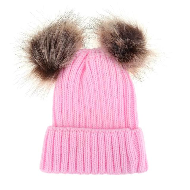 Parent-child Caps Cute Infant Baby Pompon Winter Hat Double Fur Ball Hat Mother Kids Warm Knitted Hat Newborn Beanie Cap