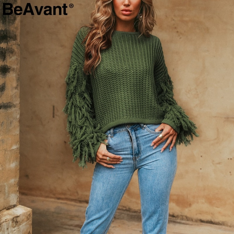 Tassel knitted sweater women pullover loose Casual army green winter sweater female O neck  autumn jumper pull femme