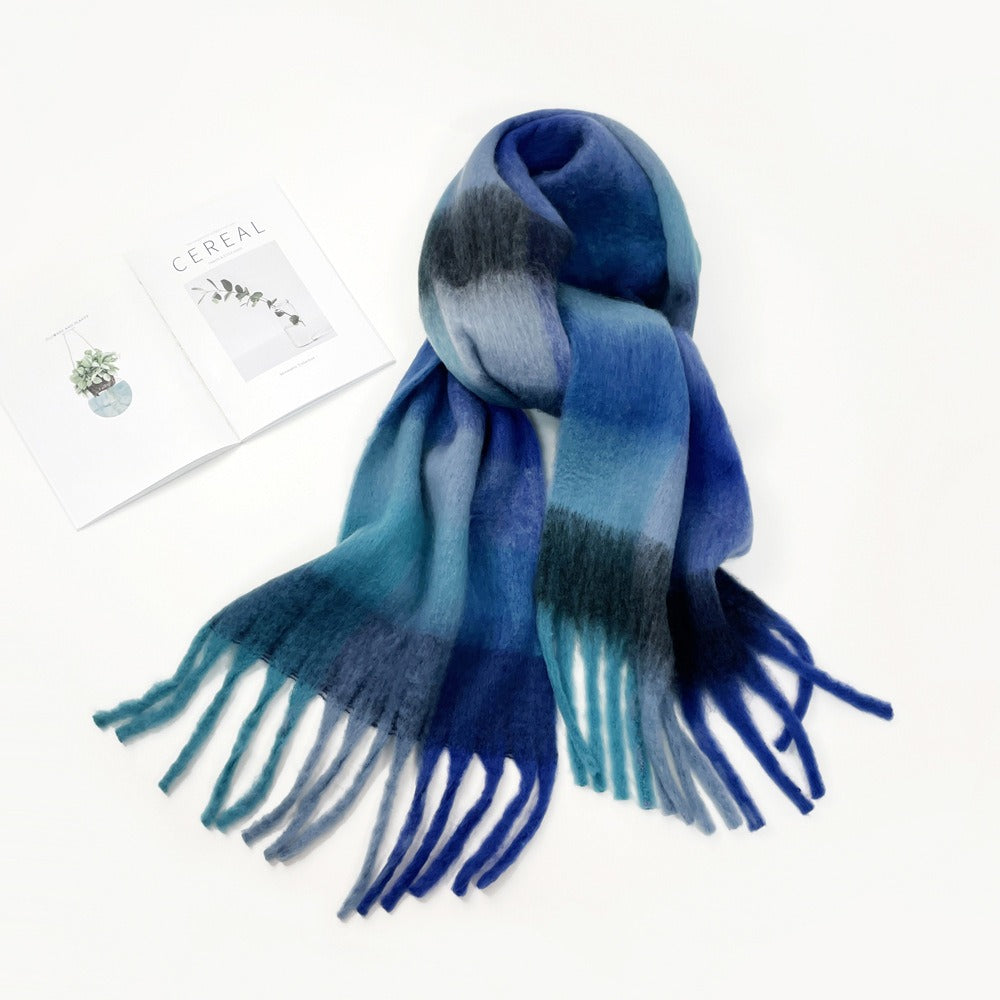 Colorful plaid scarf women's winter warm scarf mohair thickened long scarf