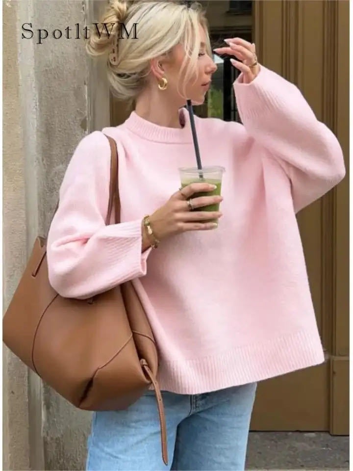 Autumn and winter hot selling round neck Barbie pink loose casual pullover long-sleeved sweater