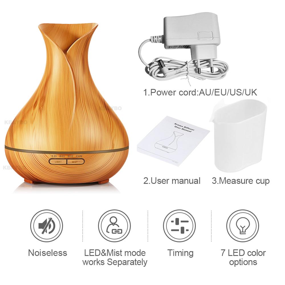 KBAYBO 400ml Aroma Diffusor für ätherische Öle Ultraschall-Luftbefeuchter mit Holzmaserung, elektrische LED-Leuchten, Aroma-Diffusor für Zuhause