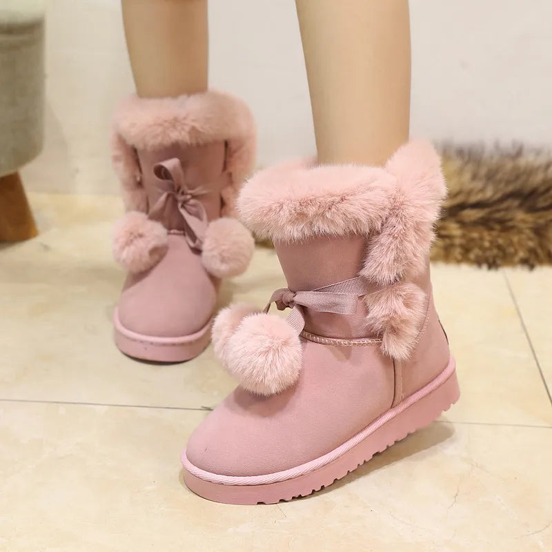 Warm Fur Women Snow Boots Suede Winter Shoes Fur Ball Mid-Calf Boots Female Fashion Boots Non-Slip Snow Casual botas de mujer