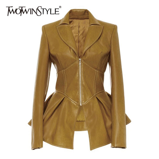 TWOTWINSTYLE Biker Style Patchwork Irregular Jacket Women Lapel Collar Long Sleeve High Wait Tunic Female Coat 2022 Fashion New