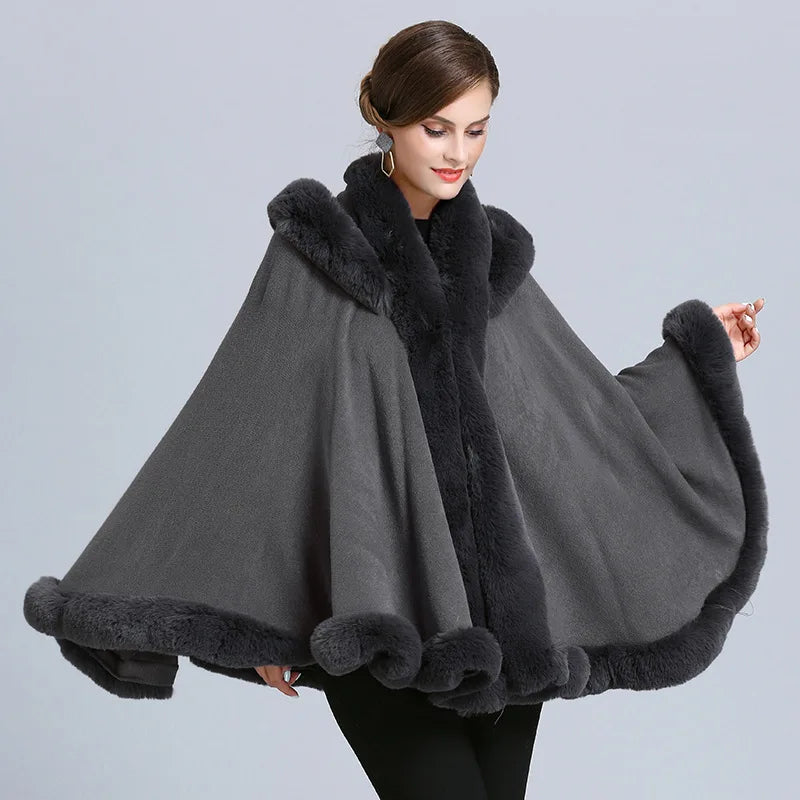 5 Color Winter Thick Warm Grey Black Poncho Cape Women Faux Fur Neck Knitted Cloak Big Pendulum Loose Cardigan Coat With Hat