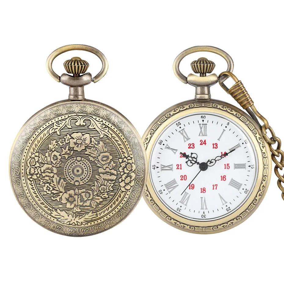 Bronze Retro Roman Numerals Display Quartz Pocket Watch Vintage Pendant Clock for Men Women Fob Sweater Chain /Hanging Chain