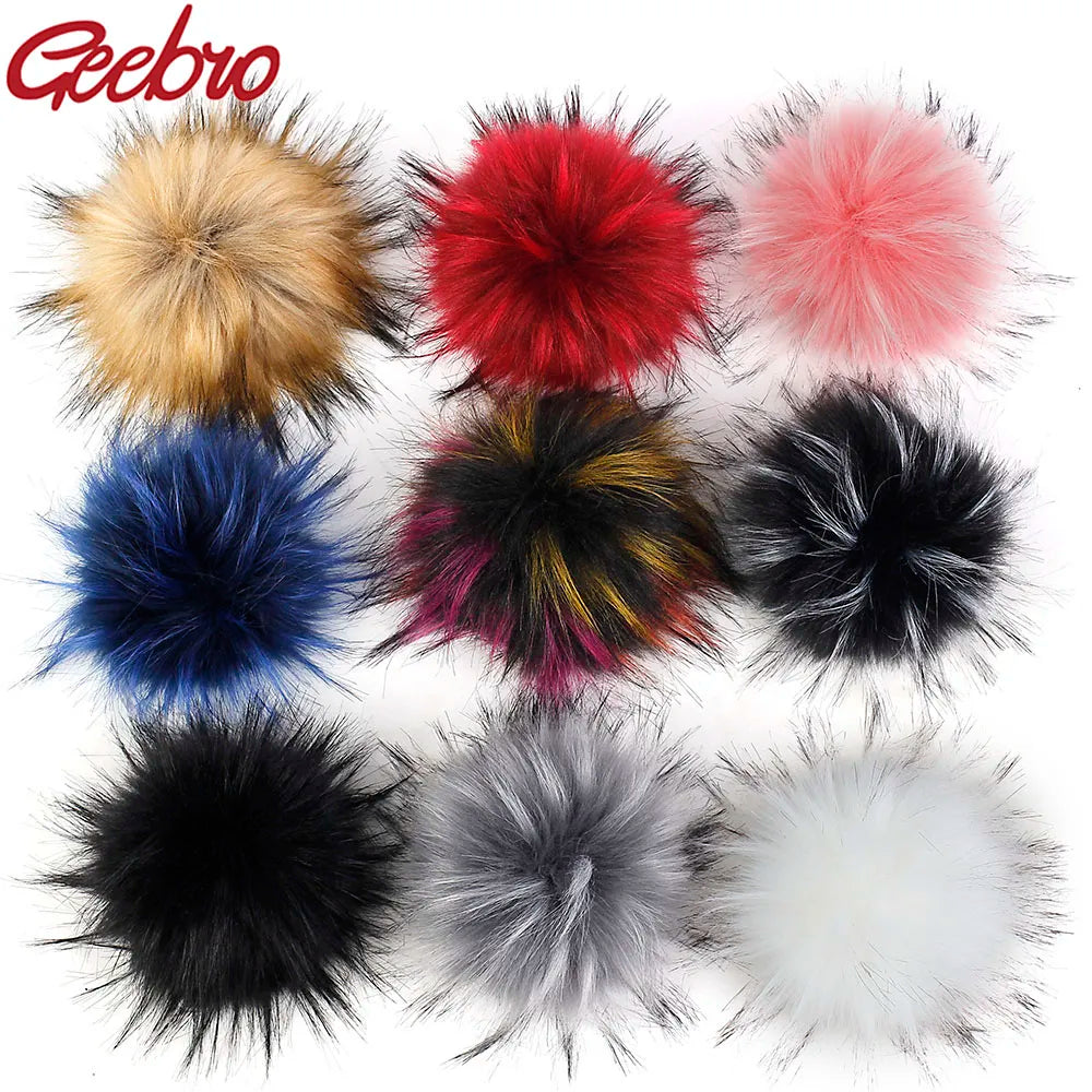 Geebro 15 CM Handmade DIY Hairball Hat Beanie Balls Faux Fur Pom Pom Wool Ball With Buckle Bags Accessories Female Winter Caps