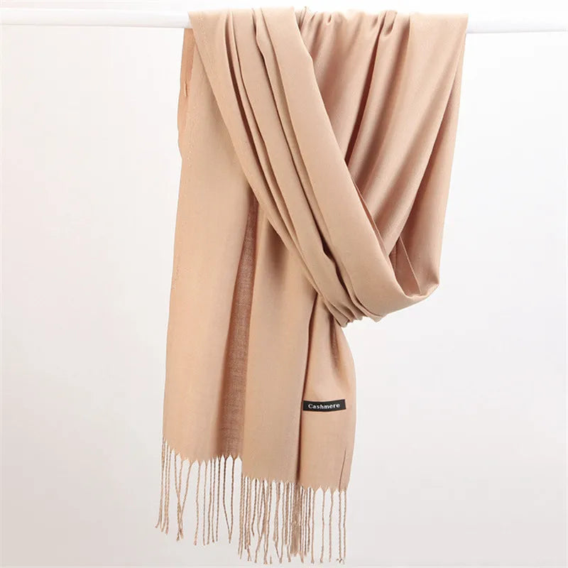 Women Solid Scarf Cashmere Feeling Pashmina Shawls Tassel Hijab Head Wraps Femme Thin Spring Winter Scarves Foulard Bufanda 2022