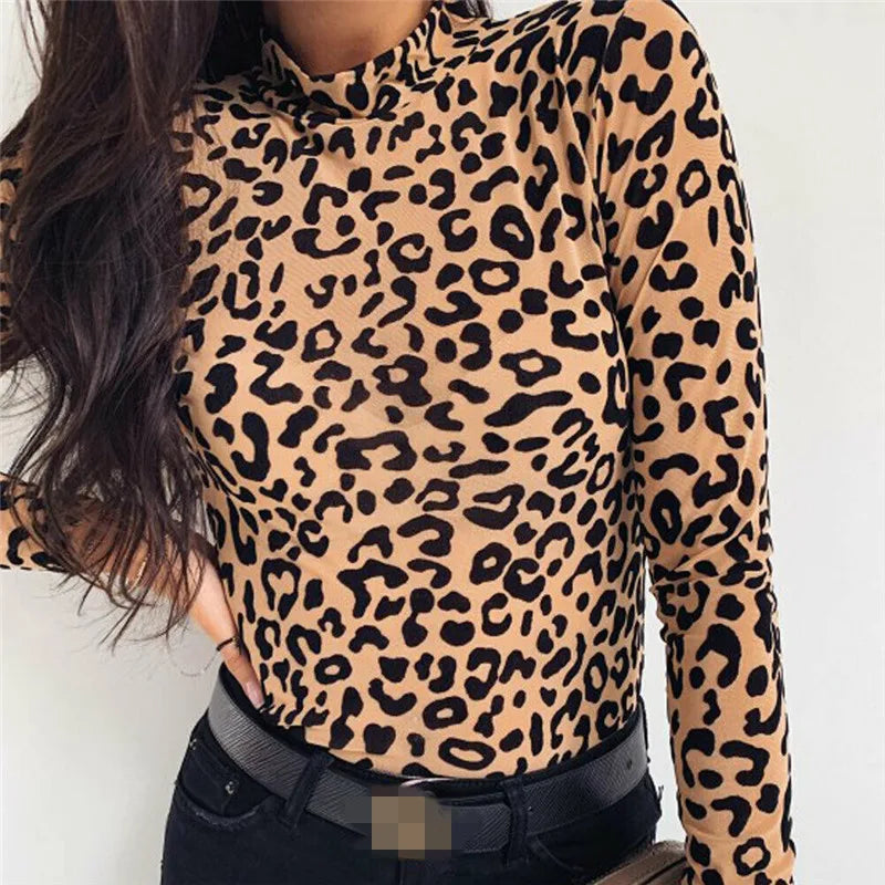 Women T shirts Fashion Leopard Print Turtle Neck Tops Autumn Long Sleeve Shirts Party Ladies Clothes Womens Tee And Tops