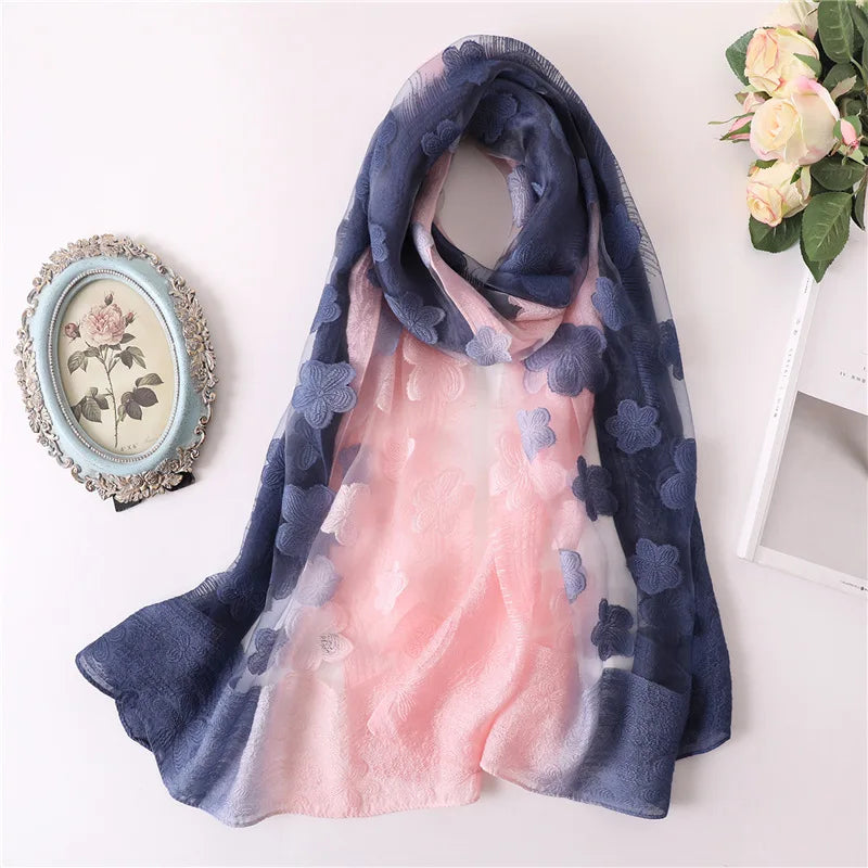 Women Simulation Silk Cut Flower Scarf Scarves Girls Embroidery Wild Sunscreen Shawl Adult Long Embroidered Lace Scarfs